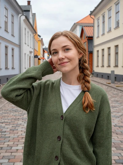 Minna, 26, a Finnish woman with auburn braid on a cobblestone street in Turku