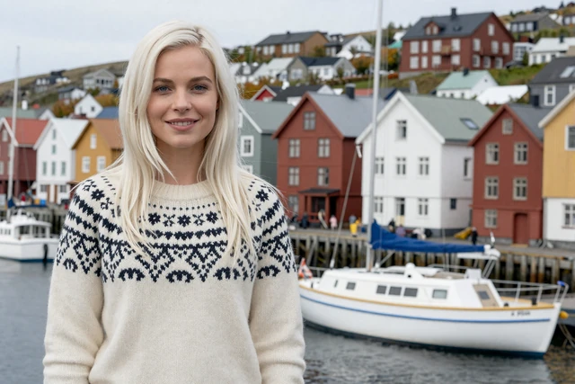 Smiling Icelandic woman in traditional lopapeysa sweater at Reykjavik harbor with colorful houses