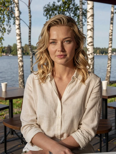 Elina, 31, a Finnish woman with honey blonde hair at a lakeside cafe in Tampere