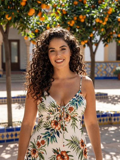 Carmen, 26, a cheerful Spanish woman in a Seville courtyard with orange trees