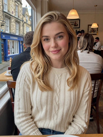 Lucy, 28, a blonde British woman in a cozy York tea room with medieval street view