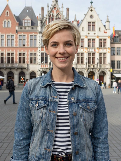 Elien, 29, a Belgian woman with a pixie cut in Leuven university square