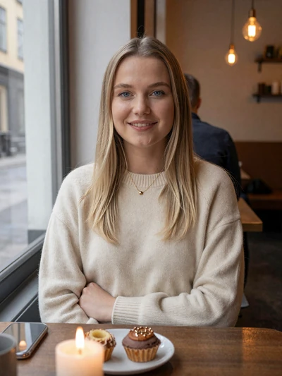 Freja, 27, a blonde Danish woman smiling warmly at a cozy Copenhagen cafe with candles