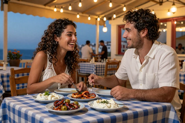 Couple sharing Greek meze dishes at a traditional taverna with blue tablecloth and string lights
