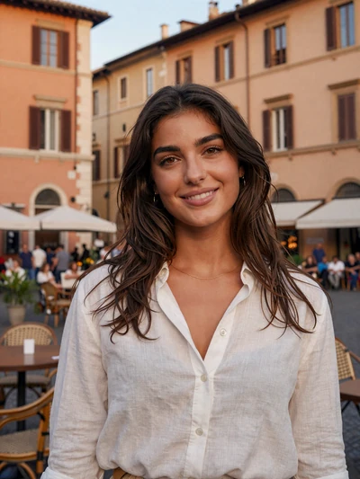 Giulia, 27, a smiling Italian woman at a charming Roman piazza cafe