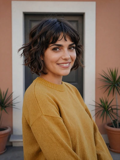 Chiara, 26, a playful Italian woman with bob haircut at a rustic Roman doorway in Testaccio