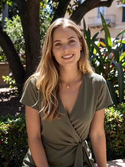 Margaux, 27, a blonde Monacan woman in a Mediterranean garden park in Fontvieille