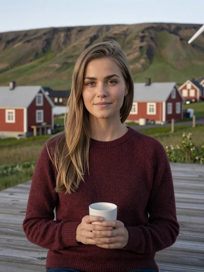Katrín, 27, a light brunette Icelandic woman with a warm mug on a farmhouse deck near Selfoss