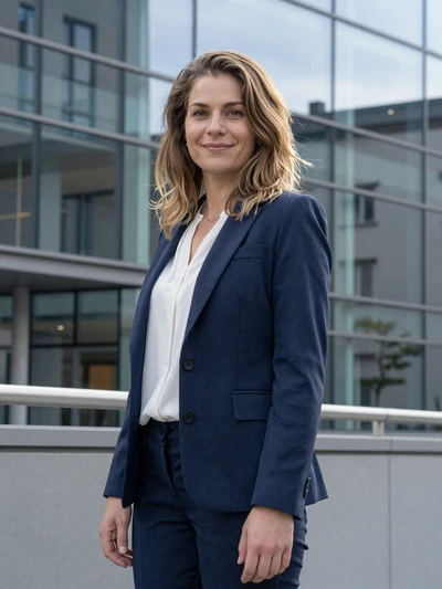 Lena, 30, a professional Liechtenstein woman with wavy brown hair in Schaan business district