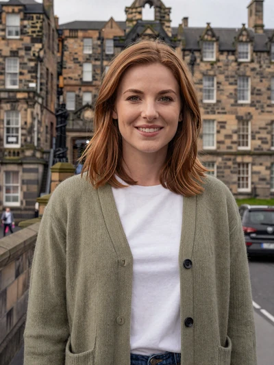 Charlotte, 30, a British woman smiling in Edinburgh old town