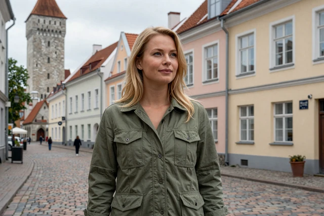 Estonian woman walking through Tallinn Old Town cobblestone streets with medieval architecture