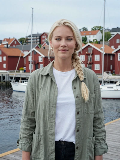 Astrid, 31, Swedish woman smiling calmly by Gothenburg harbor