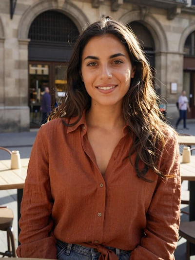 Lucía, 27, a smiling Spanish woman at a Barcelona Gothic Quarter café terrace