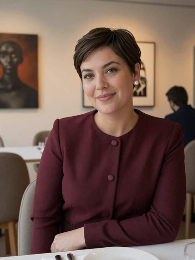 Vivienne, 34, a chic Monacan woman at an art gallery cafe in Moneghetti