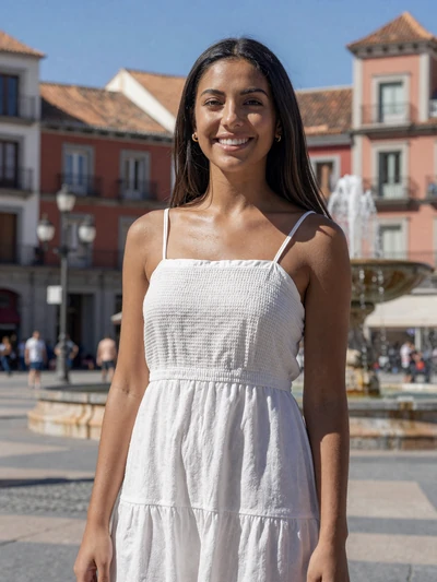 Isabel, 28, Spanish woman with a bright smile in a sunny Madrid plaza