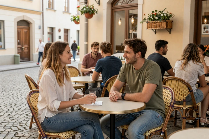 Couple safely meeting for first time at a busy European outdoor cafe in public