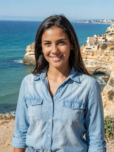 Madalena, 27, an active Portuguese woman on an Algarve coastal cliff
