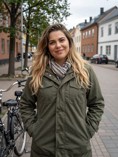 Wilma, 33, a Swedish woman with dark blonde hair on a tree-lined Linköping street