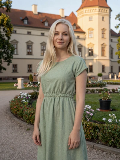 Helina, 27, a blonde Estonian woman at the Haapsalu castle garden