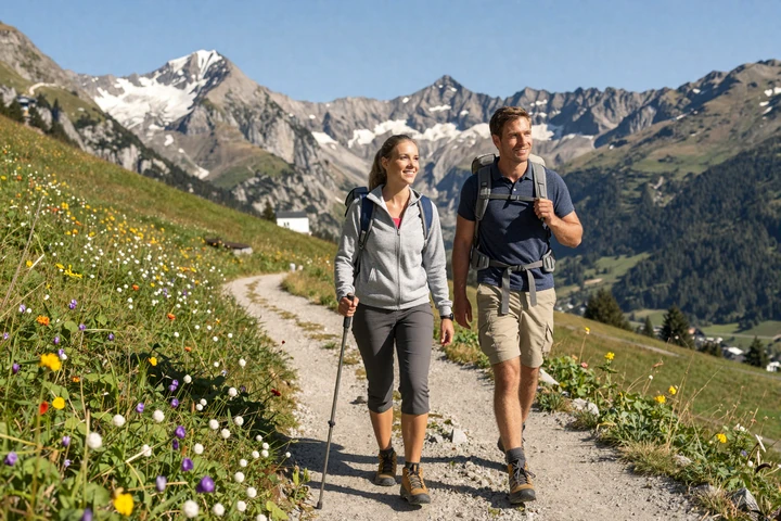 Couple hiking together on an Alpine trail in Liechtenstein with wildflower meadows and mountain panorama