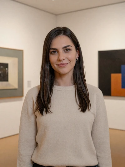 Camille, 31, a brunette Luxembourg woman in a modern art gallery in Esch-sur-Alzette