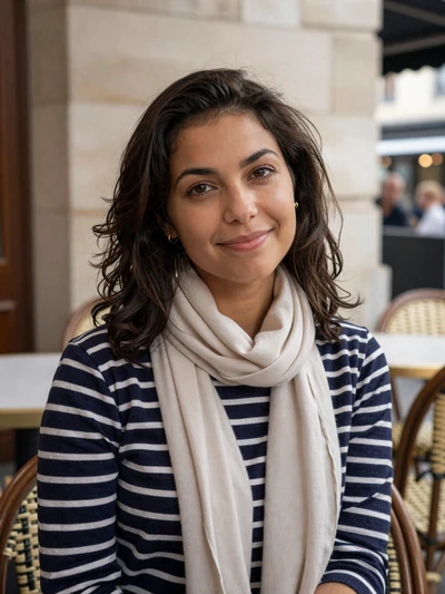 Juliette, 27, French woman smiling at a cozy Lyon restaurant terrace