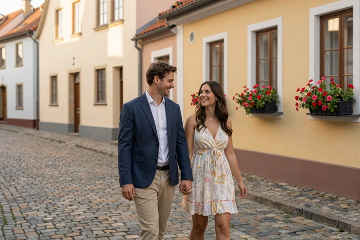Happy American man and European woman walking hand in hand through a charming European cobblestone street at golden hour