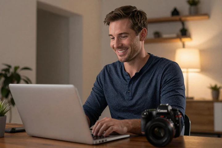 American man smiling during a video call with his European partner in a cozy apartment setting