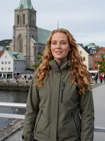 Solveig, 32, an athletic Norwegian woman on a Trondheim bridge