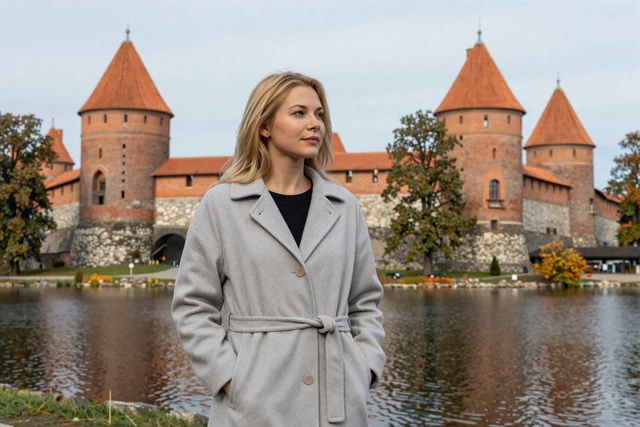 Lithuanian woman standing near Trakai Island Castle with medieval castle and autumn foliage reflected in the lake
