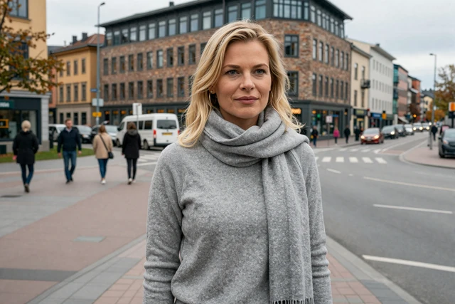Confident Norwegian woman walking through central Oslo with autumn city atmosphere