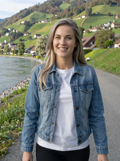 Marie, 28, a cheerful blonde Liechtenstein woman walking by the Rhine River near Eschen