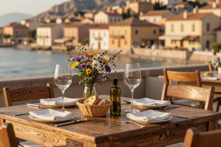Romantic European restaurant table set for two with wine and wildflowers overlooking Mediterranean coast