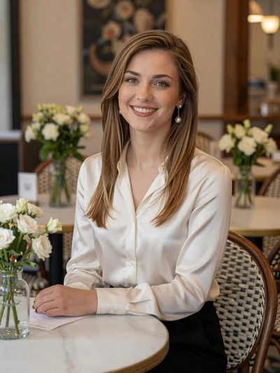 Gabriella, 32, an elegant Italian woman with light brown hair at a refined Rome cafe in Parioli