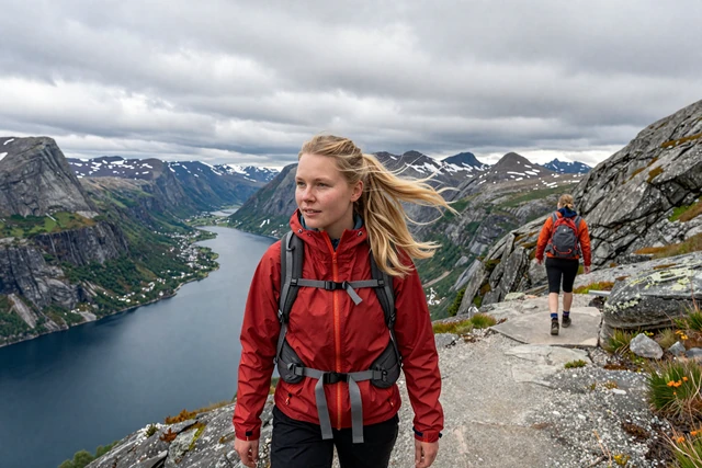 Norwegian woman hiking along a dramatic fjord trail with deep blue water and green mountainsides