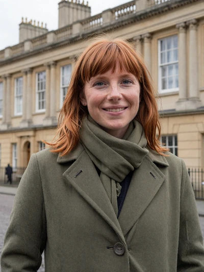 Hannah, 34, a red-haired British woman with freckles in front of Bath Georgian buildings