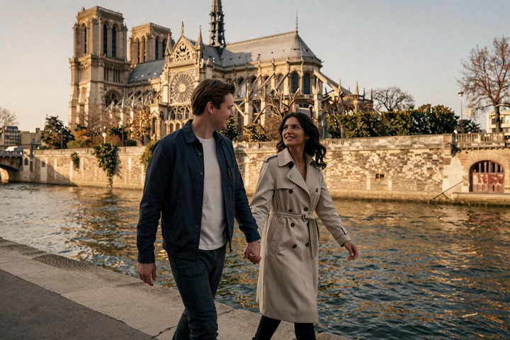 Couple walking hand in hand along the Seine river in Paris at golden hour