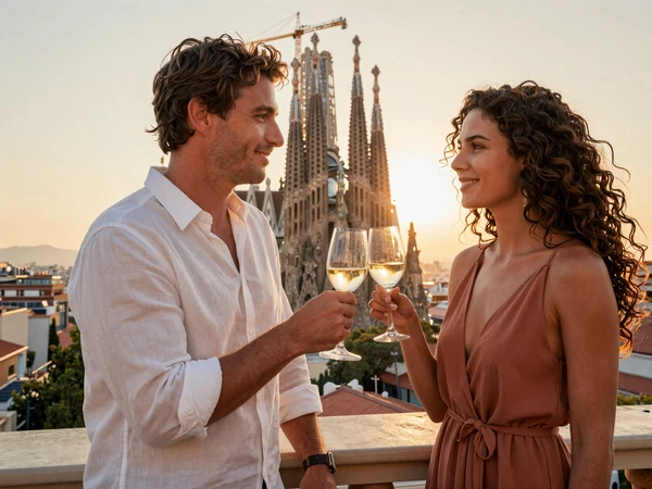 Kevin from Miami and Lucia from Barcelona toasting on a rooftop with city views