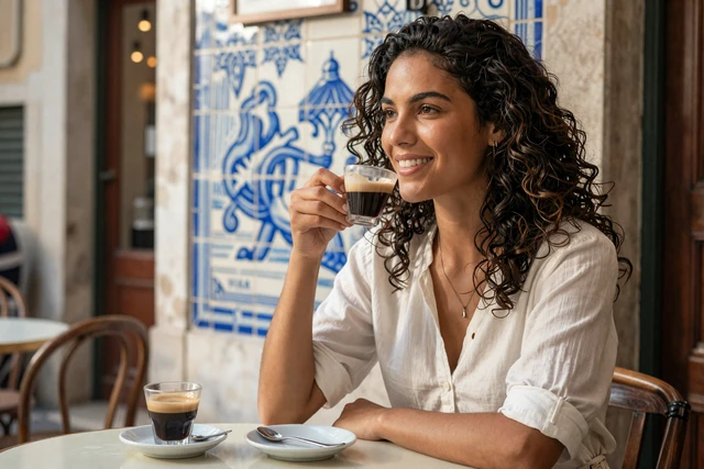 Portuguese woman enjoying espresso at a traditional Lisbon cafe with blue azulejo tiles