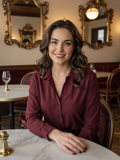 Theresa, 29, Austrian woman with dark hair in a classic Viennese coffee house