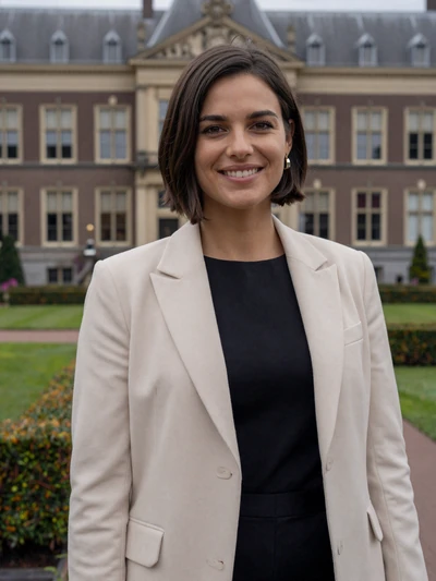 Daphne, 33, a dark-haired Dutch woman outside a grand building in The Hague