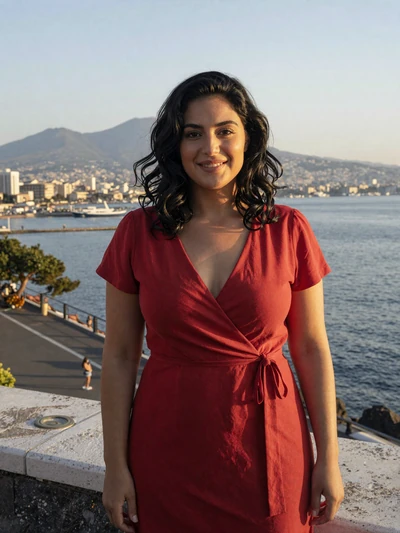 Alessia, 32, a radiant Italian woman on the Naples waterfront with Vesuvius behind