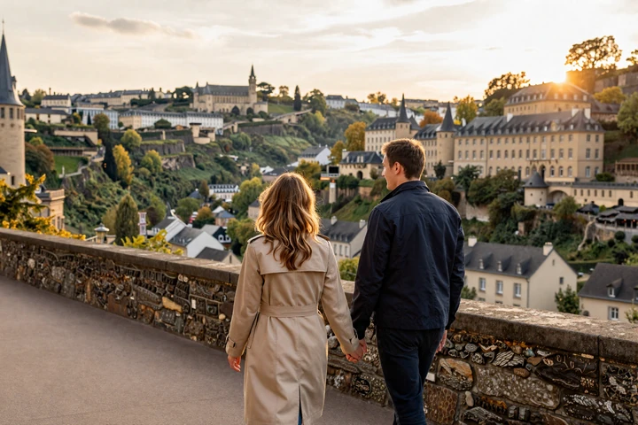 Couple walking along Chemin de la Corniche overlooking the Grund valley in Luxembourg City at sunset