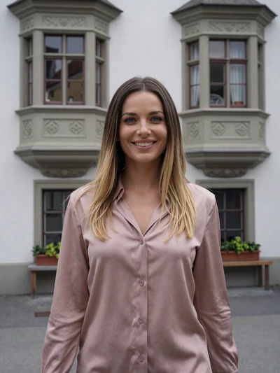 Alina, 30, a Swiss woman with dark blonde hair in the historic old town of St. Gallen