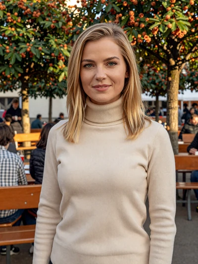 Klara, 30, German woman with a confident smile at a Munich beer garden