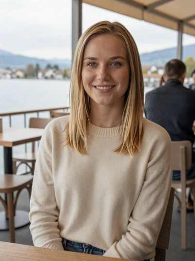 Lea, 29, a Swiss woman with honey blonde hair smiling at a modern Zurich lakeside cafe