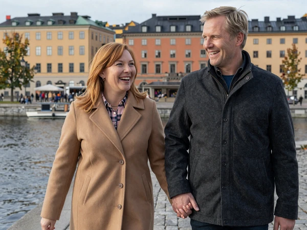 Margaret from Denver and Erik from Stockholm walking along the Swedish waterfront