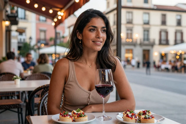 Spanish woman enjoying tapas and wine at an outdoor Madrid terrace cafe in warm evening light