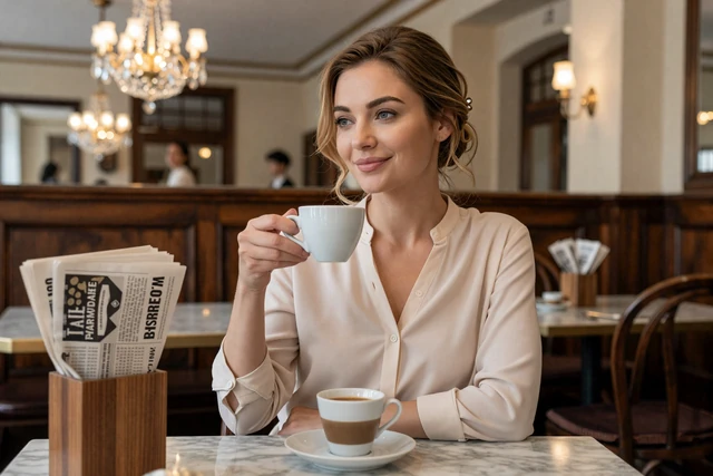 Elegant Austrian woman enjoying a Melange coffee at a traditional Viennese Kaffeehaus with chandeliers