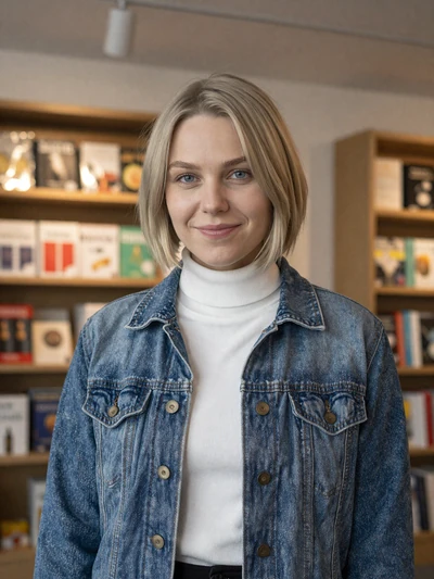 Hrefna, 26, an ash-blonde Icelandic woman with bob haircut in a modern Kópavogur bookstore